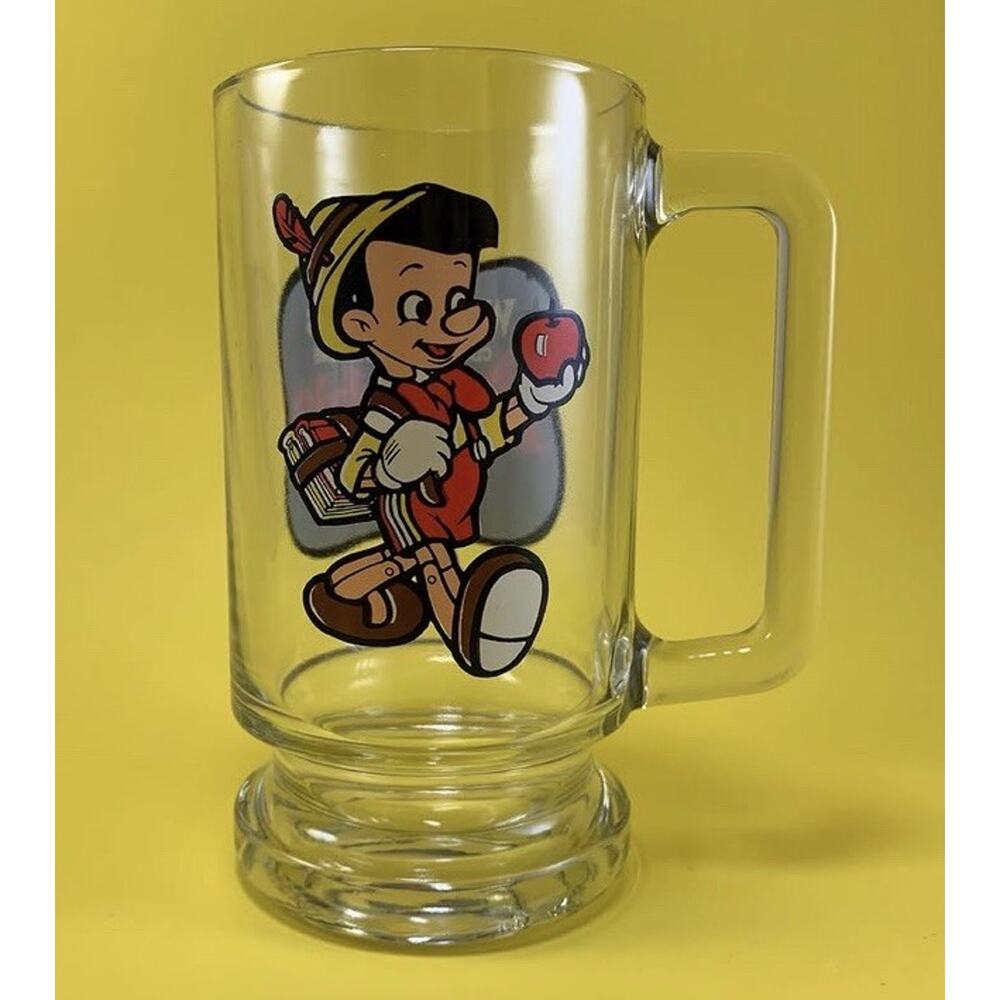 VINTAGE WALT DISNEY PRODUCTIONS PINOCCHIO LARGE CLEAR GLASS BEER MUG